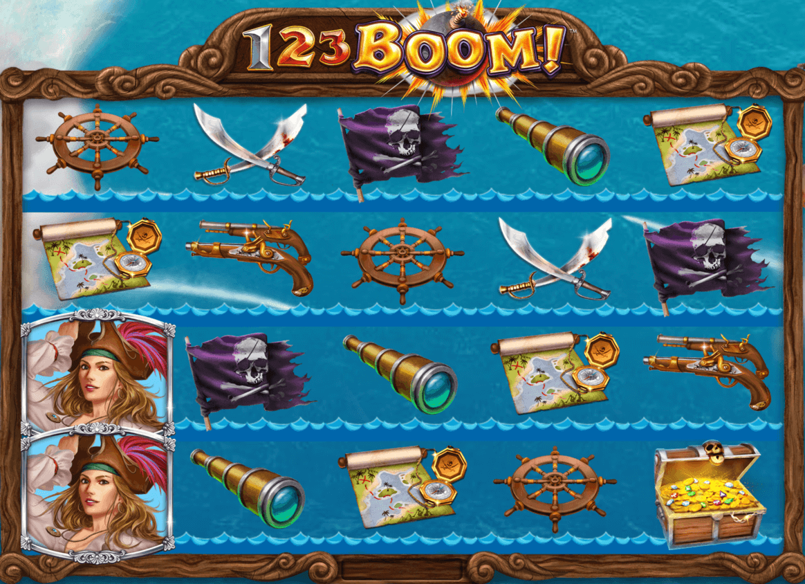 123 BOOM! slot game interface showing pirate symbols and explosive effects